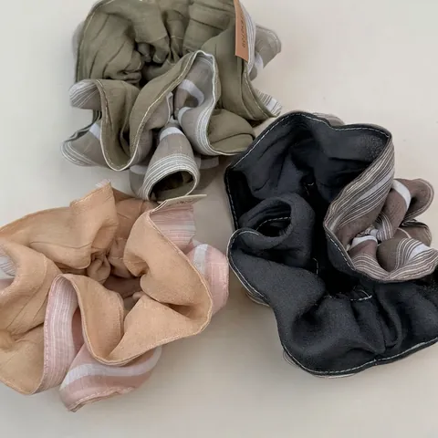 Korean Style Oversized Fabric Scrunchies Pleated Patchwork Striped Hair Ties Vintage Morandi Color Hair Accessories For Women