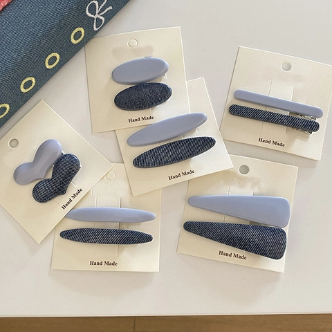Denim Splicing Haarspelden Voor Dames Meisjes Koreaanse Zoete Stoere Hart Ellips Hars Eendenbek Clips Haaraccessoires