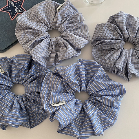 Stile Coreano Blu Quadretti a Righe Tessuto Oversize Scrunchies per Donna Fresco Dolce Coda di Cavallo Porta Accessori Capelli
