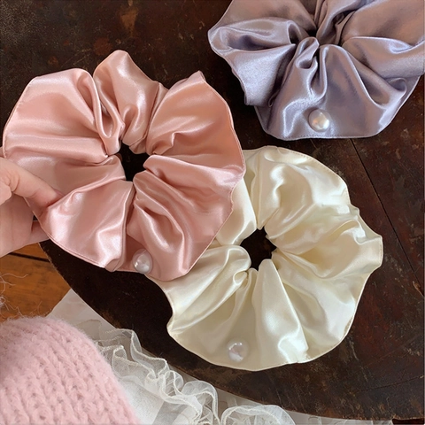 Scrunchie in Raso Francese con Perla Artificial Elastico per Capelli Lucido Oversize Supporto per Chignon Eleganti Accessori per Capelli Retrò Donna