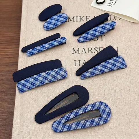 Korean Style Blue Retro Plaid Fabric Wrapped Metal Hair Clips Vintage Sweet Bangs Clips BB Pins For Women Girls Accessory