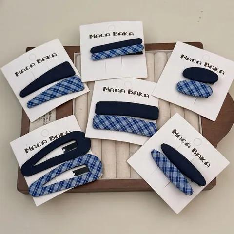 Korean Style Blue Retro Plaid Fabric Wrapped Metal Hair Clips Vintage Sweet Bangs Clips BB Pins For Women Girls Accessory