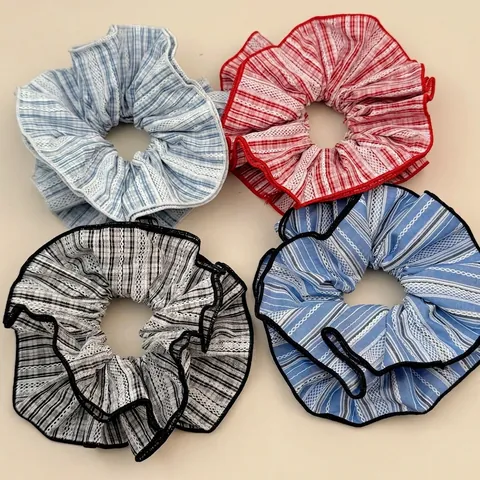 Korean Style Striped Gingham Plaid Scrunchies With Lace Edge Large Hair Ties For Women Casual Daily Hair Accessories