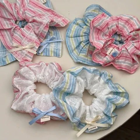 Dolci Elastici per Capelli in Stile Coreano in Tessuto a Righe Con Fiocco e Bordo in Pizzo Elastici Morbidi Fatti a Mano Donna