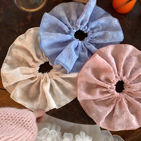French Style Oversized Double Layer Floral Scrunchie Elegant Organza Chiffon Fabric Hair Ring With Flower Embroidery For Women Girls