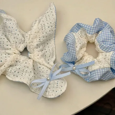 Zoete Blauwe Ruitjes Kant Haarelastiekjes Met Strik Imitatieparel Ballet Stijl Bosfee Haarbanden Voor Dames Meisjes