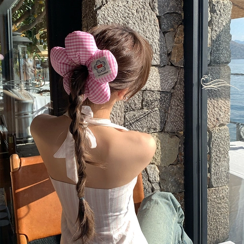 Grande Elastico per Capelli a Fiore 3D in Tessuto Patchwork a Righe Gingham Elegante Dolce Accessori per Capelli Donna Ragazze
