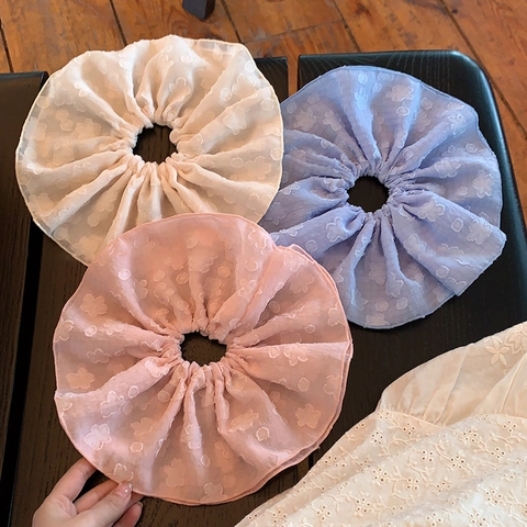 French Style Oversized Double Layer Floral Scrunchie Elegant Organza Chiffon Fabric Hair Ring With Flower Embroidery For Women Girls