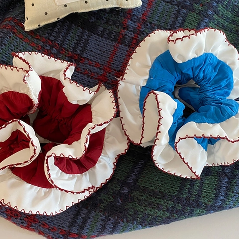Vintage Korean Style Color Contrast Lace Scrunchie Ruffle Edge Fabric Hair Tie High Elastic Ponytail Holder Fashion Headwear For Women
