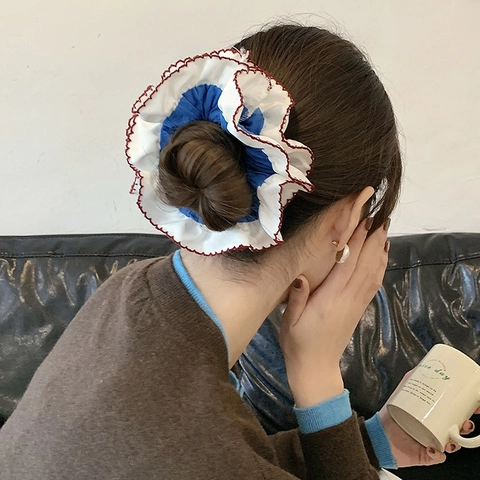 Vintage Korean Style Color Contrast Lace Scrunchie Ruffle Edge Fabric Hair Tie High Elastic Ponytail Holder Fashion Headwear For Women