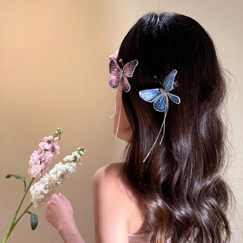Elegante Pinza para el Cabello de Mariposa con Borla Aleación Tela Incrustaciones de Strass Pinza de Pico de Pato para Mujer Diario Fiesta Dulce Accesorios para el Cabello