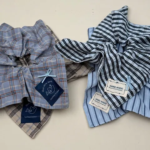 Korean Style Blue Striped Plaid Scrunchie With Bear Patch And Bow Handmade Fabric Elastic Hair Tie For Women Girls Hair Accessories