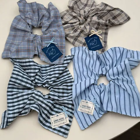 Korean Style Blue Striped Plaid Scrunchie With Bear Patch And Bow Handmade Fabric Elastic Hair Tie For Women Girls Hair Accessories