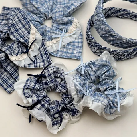 Blau Karomuster Schleife Spitze Haarschmuck Stoff Scrunchie Stirnband Haargummi Schal Für Damen Mädchen Süßer Frischer Stil