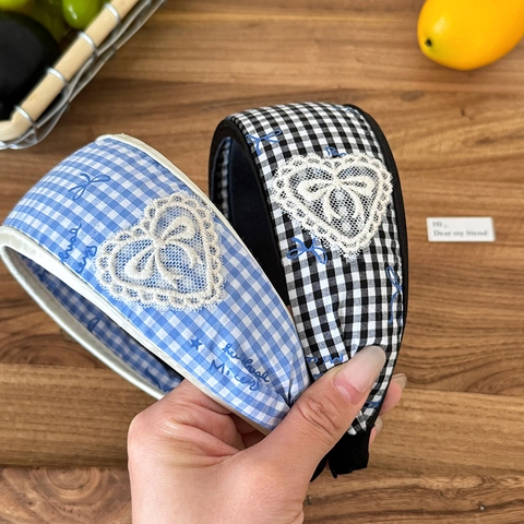 Damen Süßes Karo Schleife Haarreif Spitzenherz Dekorativ Breitband Haarreifen Koreanischer Stil Stoff Gingham Haarschmuck