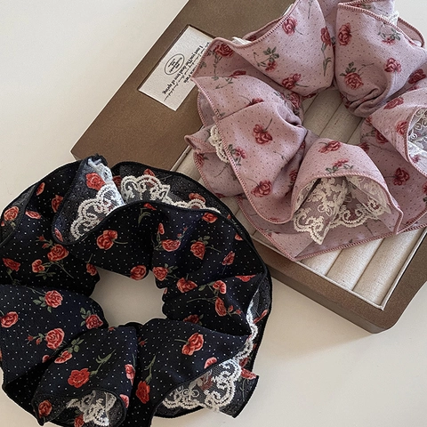 Elastici per Capelli in Pizzo con Rose Vintage per Donna Stampa a Pois Fascia Elastica Stile Coreano Supporto per Coda di Cavallo