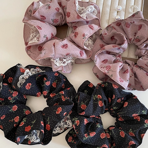 Elastici per Capelli in Pizzo con Rose Vintage per Donna Stampa a Pois Fascia Elastica Stile Coreano Supporto per Coda di Cavallo