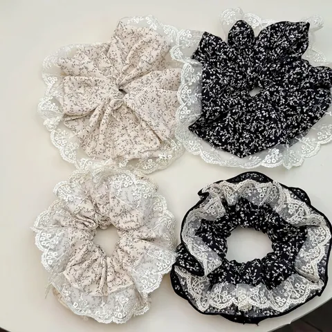 Coletero De Tela Grande Estilo Vintage Francés Con Estampado Floral Y Borde De Encaje Blanco Accesorios Estéticos Para El Cabello