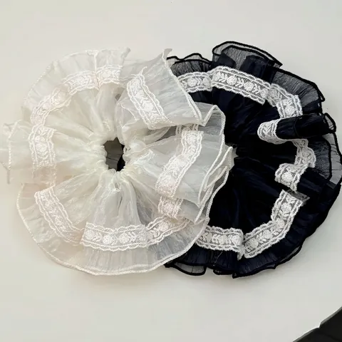 Französisch Stil Spitze Plissee Haargummi Elegant Handgefertigt Stoff Haarseil Für Damen Vintage Groß Haarkreis Für Täglich Styling