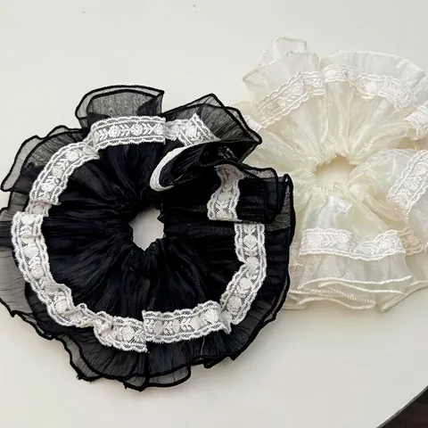 Französisch Stil Spitze Plissee Haargummi Elegant Handgefertigt Stoff Haarseil Für Damen Vintage Groß Haarkreis Für Täglich Styling
