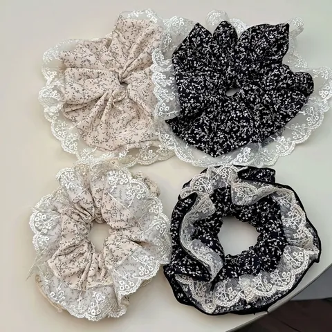 Coletero De Tela Grande Estilo Vintage Francés Con Estampado Floral Y Borde De Encaje Blanco Accesorios Estéticos Para El Cabello