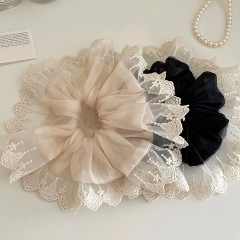 Korean Gentle Mesh Lace Hair Scrunchies Elegant Retro Flower Edge Elastic Hair Bands Vintage Ponytail Holder For Women