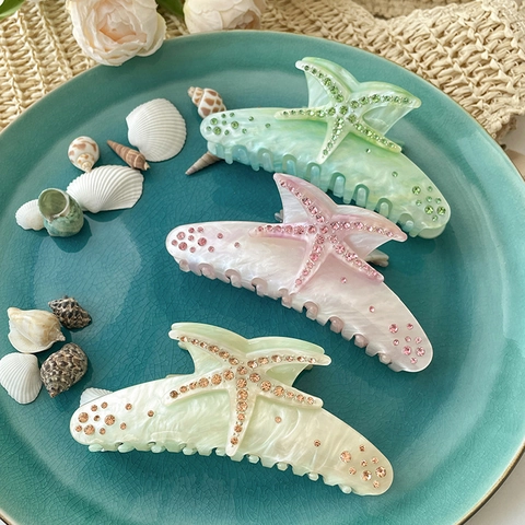 Pinza Per Capelli In Acetato Stella Marina Oceano Strass Scintillante Trama Marmo Shark Clip Elegante Accessorio Donna