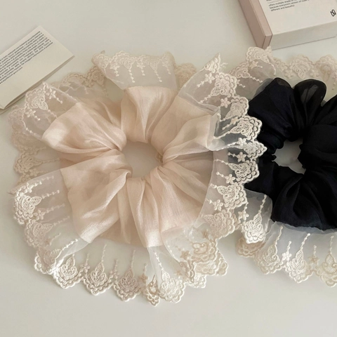 Korean Gentle Mesh Lace Hair Scrunchies Elegant Retro Flower Edge Elastic Hair Bands Vintage Ponytail Holder For Women