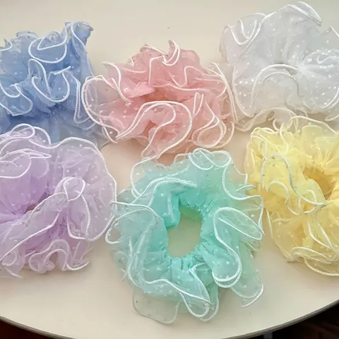 Mesh Polka Dot Scrunchies With Sweet Ruffled Edges Elegant Oversized Elastic Hair Ties For Daily Styling Hair Accessories