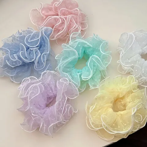 Mesh Polka Dot Scrunchies With Sweet Ruffled Edges Elegant Oversized Elastic Hair Ties For Daily Styling Hair Accessories