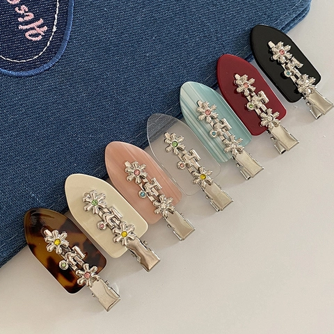 Süß Cool Metall Blume Entenschnabel Haarklammern Harz Strass Floral Haarspangen Vintage Seite Pony Clips Damen Schmuck