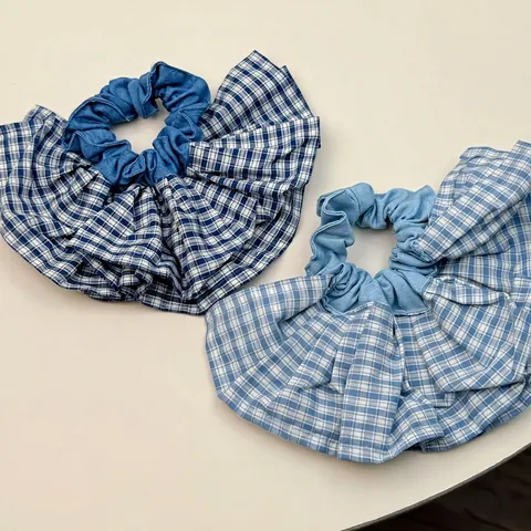 Blau Gingham Plissiert Rüschen Scrunchie Koreanischer Stil Stoff Denim Textur Süßer Haargummi Für Damen Alltag Accessoires