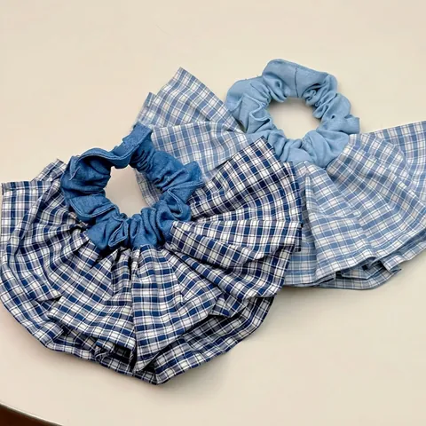 Blau Gingham Plissiert Rüschen Scrunchie Koreanischer Stil Stoff Denim Textur Süßer Haargummi Für Damen Alltag Accessoires