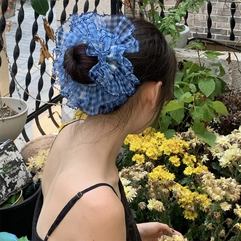 Korean Style Large Blue Plaid Mesh Scrunchie For Women Sweet Gingham Ruffle Hair Tie Elastic Ponytail Holder Handmade Hair Accessories