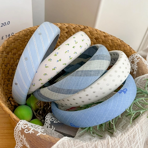 Frisches Blau Gestreiftes Stoff Gepolstertes Stirnband Für Damen Hoher Schädel Oben Einfach Floral Schleife Schwamm Haarreif