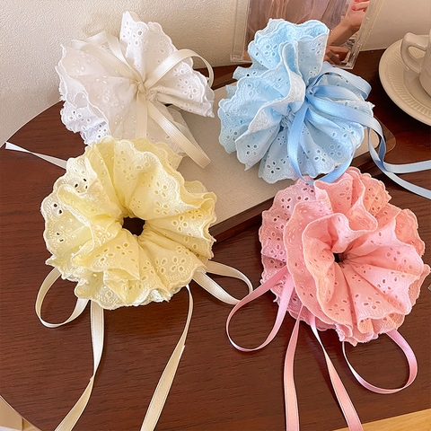 Chouchou en Dentelle Style Forêt pour Femmes Élégant Élastique à Cheveux Brodé Avec Long Ruban Nœud Accessoires de Coiffure