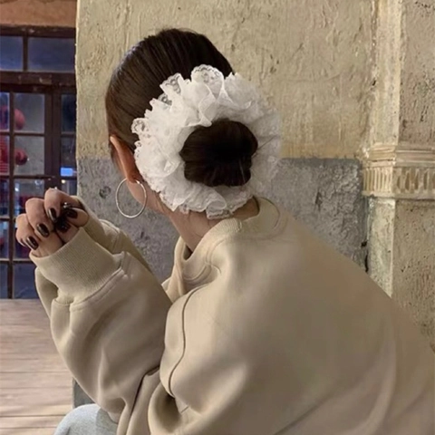 Französischer Stil Große Weiße Spitze Netz Haargummi Ballett Mehrschichtige Gefaltete Haargummi Damen Elegante Haar Accessoires