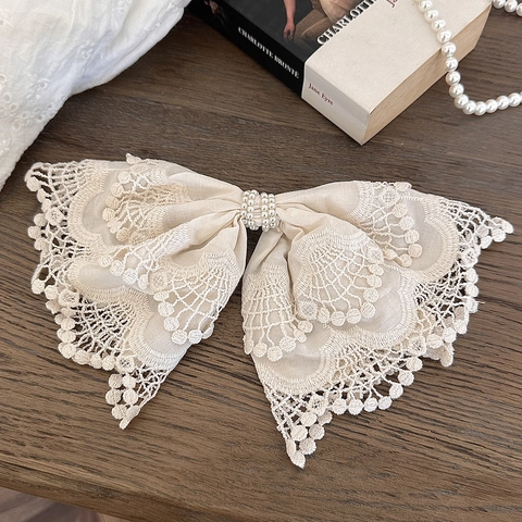 Fermaglio per Capelli con Fiocco in Pizzo Rétro Francese per Donna Elegante Grande Perla Artificiale Bianca Molla Accessorio