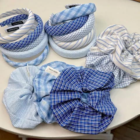Collezione di Accessori per Capelli in Tessuto a Righe a Quadretti Blu Fresco Cerchietto Imbottito in Spugna Scrunchies Elastici Morbidi per Donna