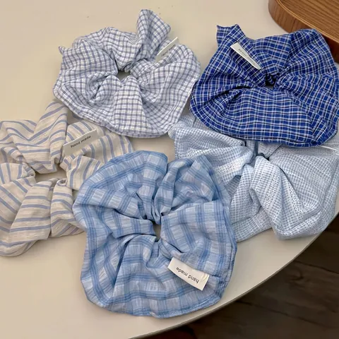 Blaue Karierte Haargummis Im Französischen Stil Aus Vintage Baumwollstoff Für Die Schule Damen Handmade Haarschmuck