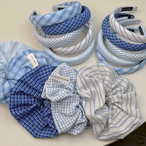 Collezione di Accessori per Capelli in Tessuto a Righe a Quadretti Blu Fresco Cerchietto Imbottito in Spugna Scrunchies Elastici Morbidi per Donna