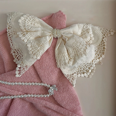Fermaglio per Capelli con Fiocco in Pizzo Rétro Francese per Donna Elegante Grande Perla Artificiale Bianca Molla Accessorio