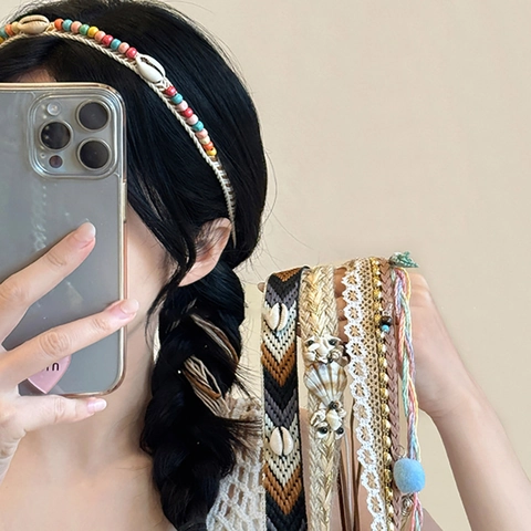 Fascia per Capelli Intrecciata a Mano Stile Bohemian Etnico Con Decorazione di Conchiglie Perline Nappa Cintura Vintage Donna