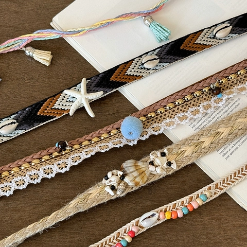 Fascia per Capelli Intrecciata a Mano Stile Bohemian Etnico Con Decorazione di Conchiglie Perline Nappa Cintura Vintage Donna