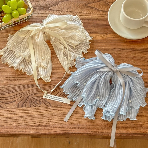 Pince à Cheveux Élégante en Forme de Nœud pour Femme Mousseline Plissée Ruban de Satin Perle Artificielle Accessoires