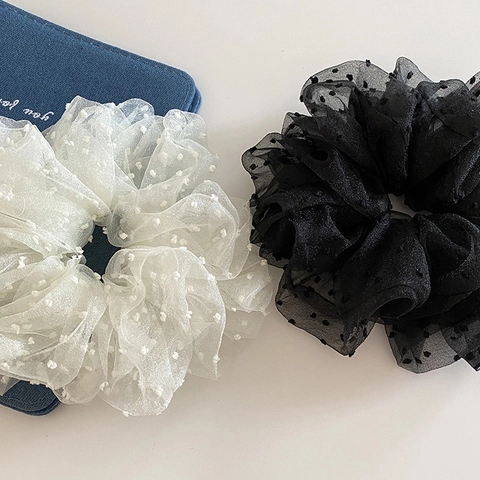 Eleganti Elastici per Capelli in Organza a Pois in Stile Coreano Grandi Nastri per Capelli in Maglia Accessori Decorativi per Capelli da Donna Nero Bianco