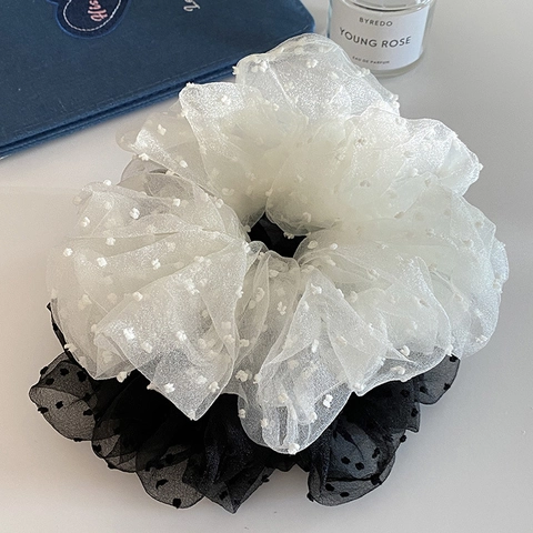 Eleganti Elastici per Capelli in Organza a Pois in Stile Coreano Grandi Nastri per Capelli in Maglia Accessori Decorativi per Capelli da Donna Nero Bianco