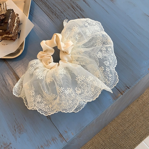 Elastico per Capelli in Pizzo Vintage Francese Raso Grande Accessorio per Capelli Elegante Ricamo Floreale Coda di Cavallo Donna