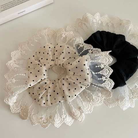 Coletero de Encaje con Lunares Retro Francés Dulce Goma de Pelo de Tela Extragrande para Mujer Diseño de Nicho Accesorios Elegantes