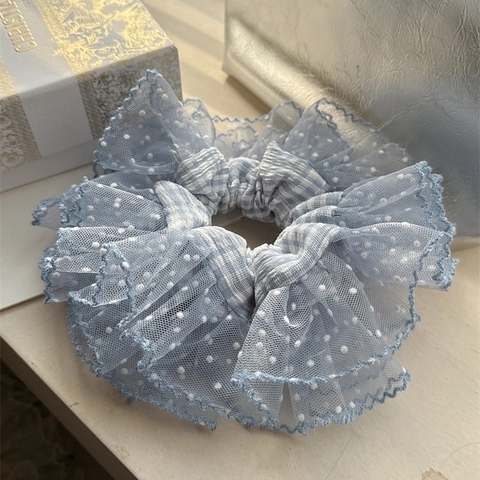 Coletero para Mujer Estilo Coreano Azul Claro Encaje Lunares Doble Capa Gingham Accesorio para el Cabello Hecho a Mano